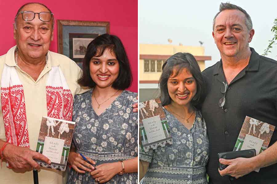 (L) Actor Victor Banerjee and (R) chef Shaun Kenworthy with author Ramona Sen