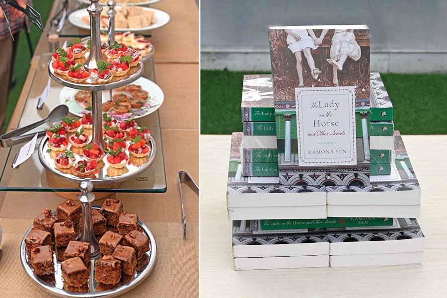 The high-tea spread at the Glenburn Penthouse along with copies of ‘The Lady on the Horse and Other Secrets’ published by Speaking Tiger Books