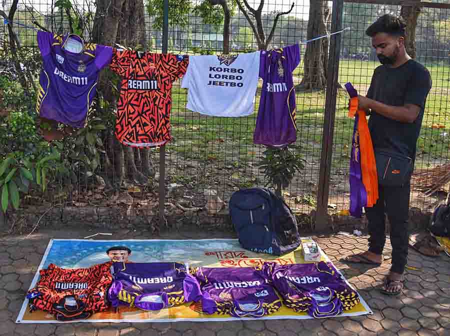  T-shirts, head bands and an array of IPL merchandise on sale close to Eden Gardens on Saturday