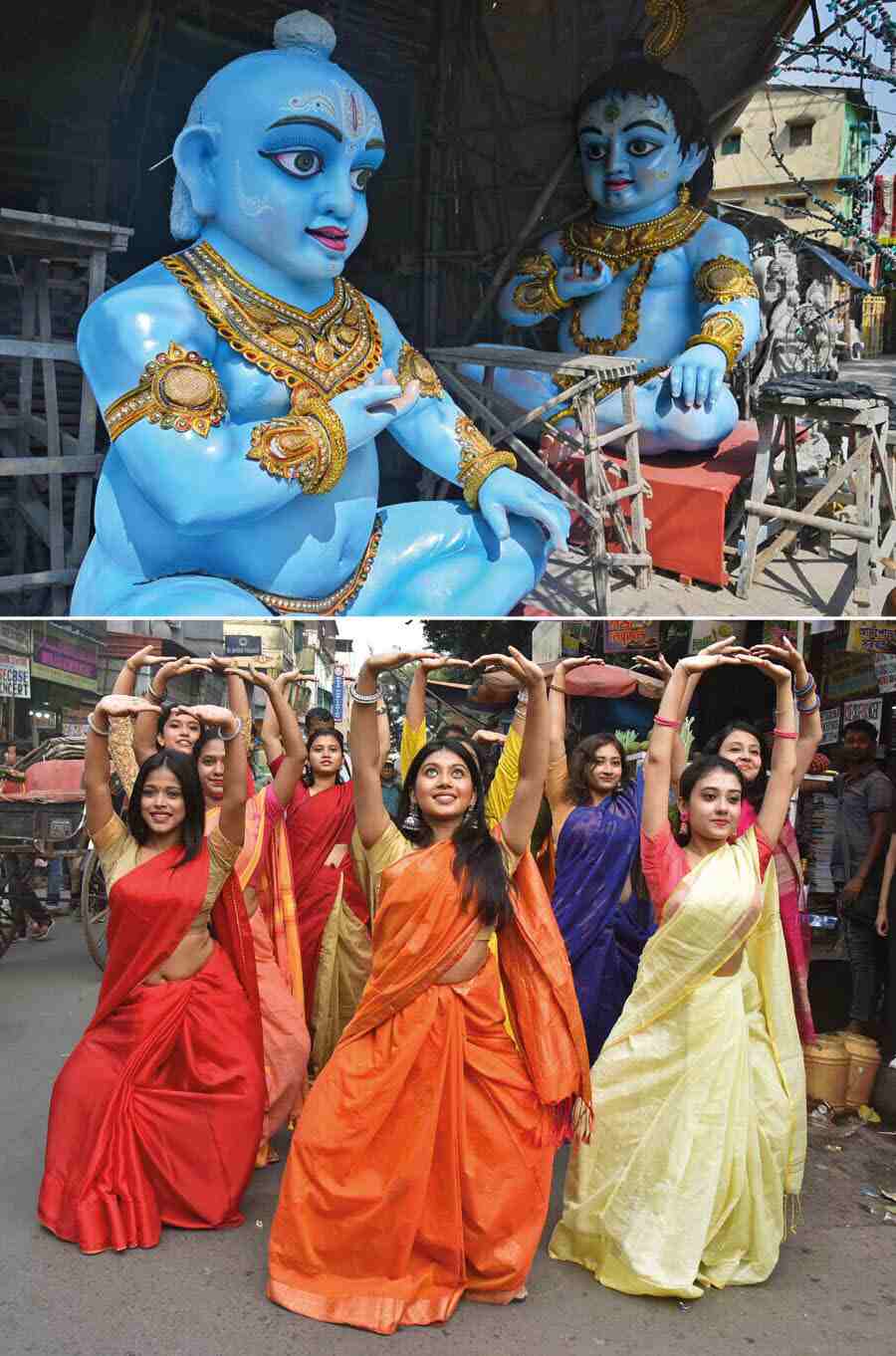 (Top) Final touches are lent to a huge idol of Bal Gopal at Kumartuli ahead of Holi and (above) young women rehearse for Basanta Utsab at College Street  on Saturday
