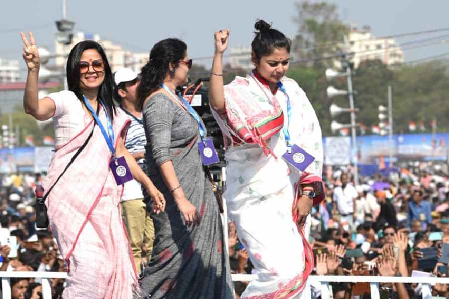 Walking the ramp at the Brigade Parade ground after her name was announced as candidate from Krishnagar, with TMC youth president Saayoni Ghosh