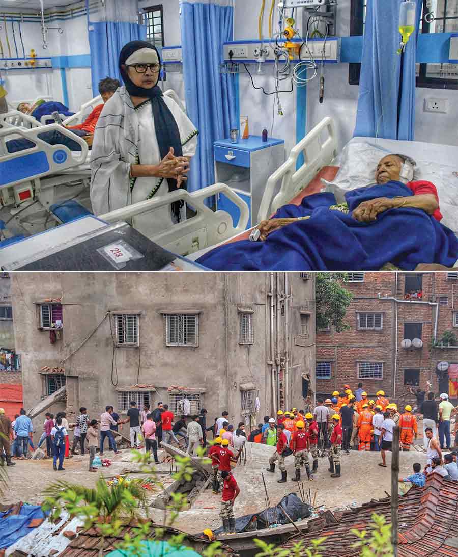 An under construction building in the Garden Reach area collapsed early on Monday killing and injuring several people. Chief minister Mamata Banerjee visited the victims at the hospital  