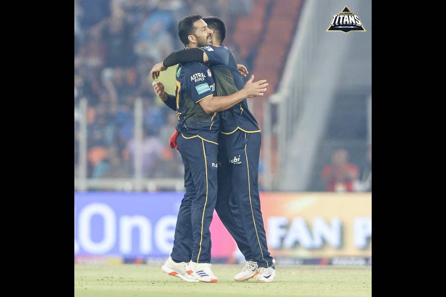 In a picture shared on X, Gujarat Titans pacer Mohit Sharma (left) gets a hug from skipper Shubman Gill