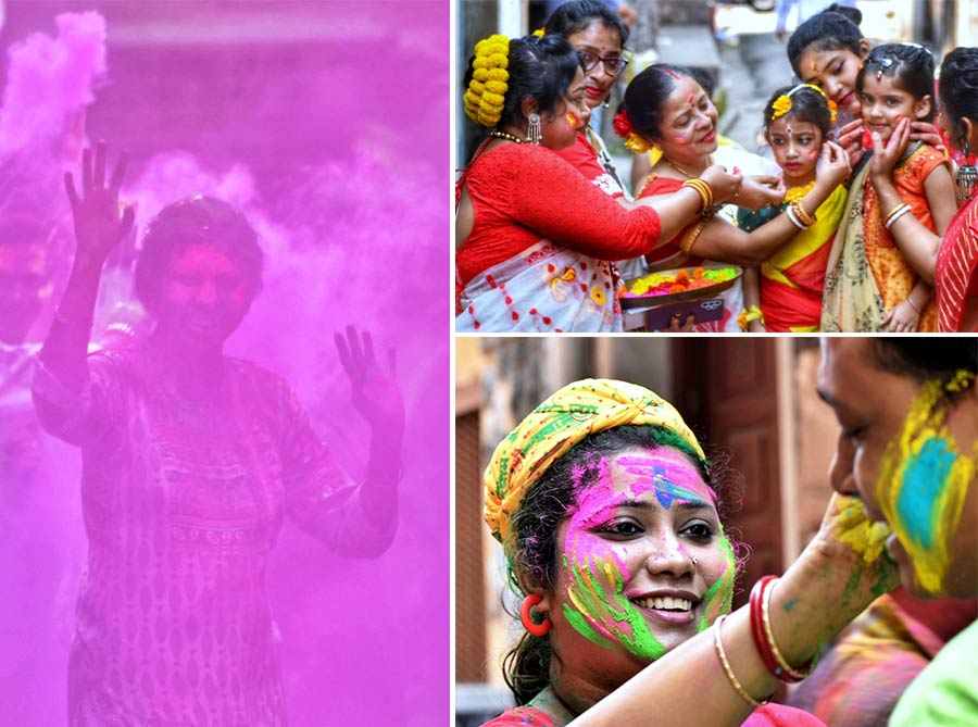 The scene in north Kolkata was equally colourful as decked up women and children took to the streets to smear gulal on each other  