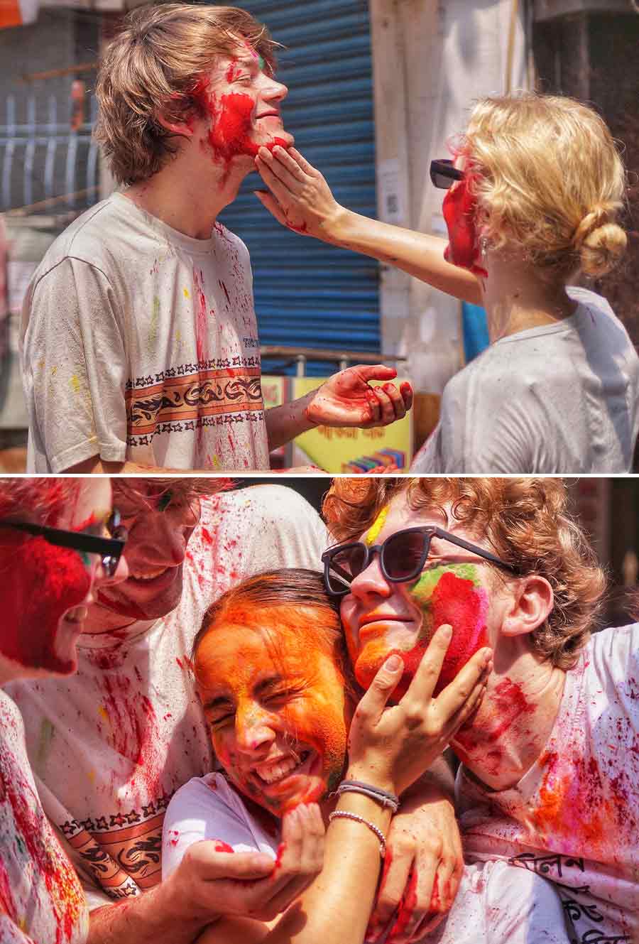 At central Kolkata's Sudder Street, foreigners were seen enjoying the festival of colours on Monday   