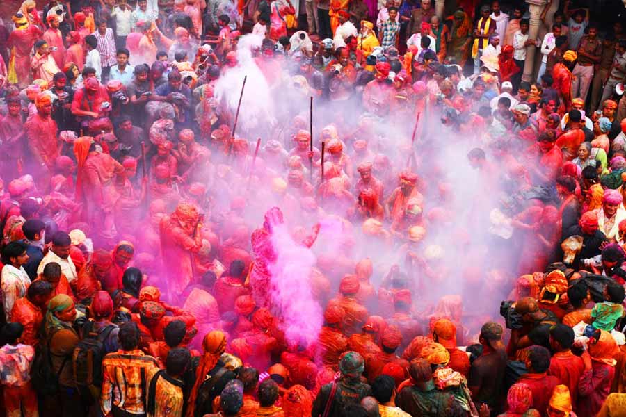 A Lathmar Holi celebration in Barsana, Uttar Pradesh