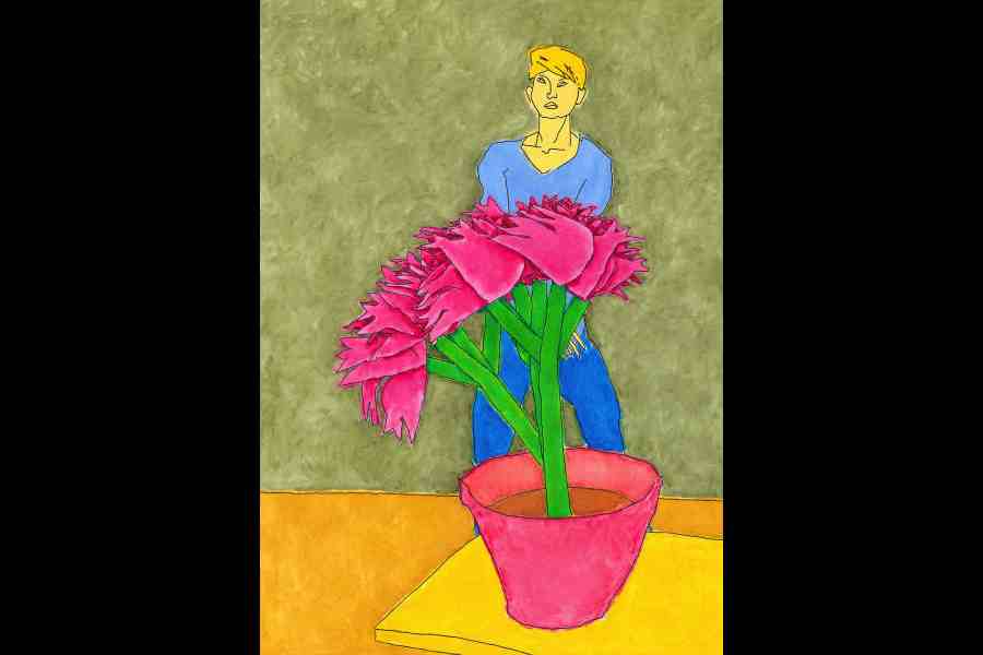 Susan with Plant (1991) exemplifies how the complex rules in Harold Cohen’s AARON software work together to generate a legible image with abstract elements and fine details