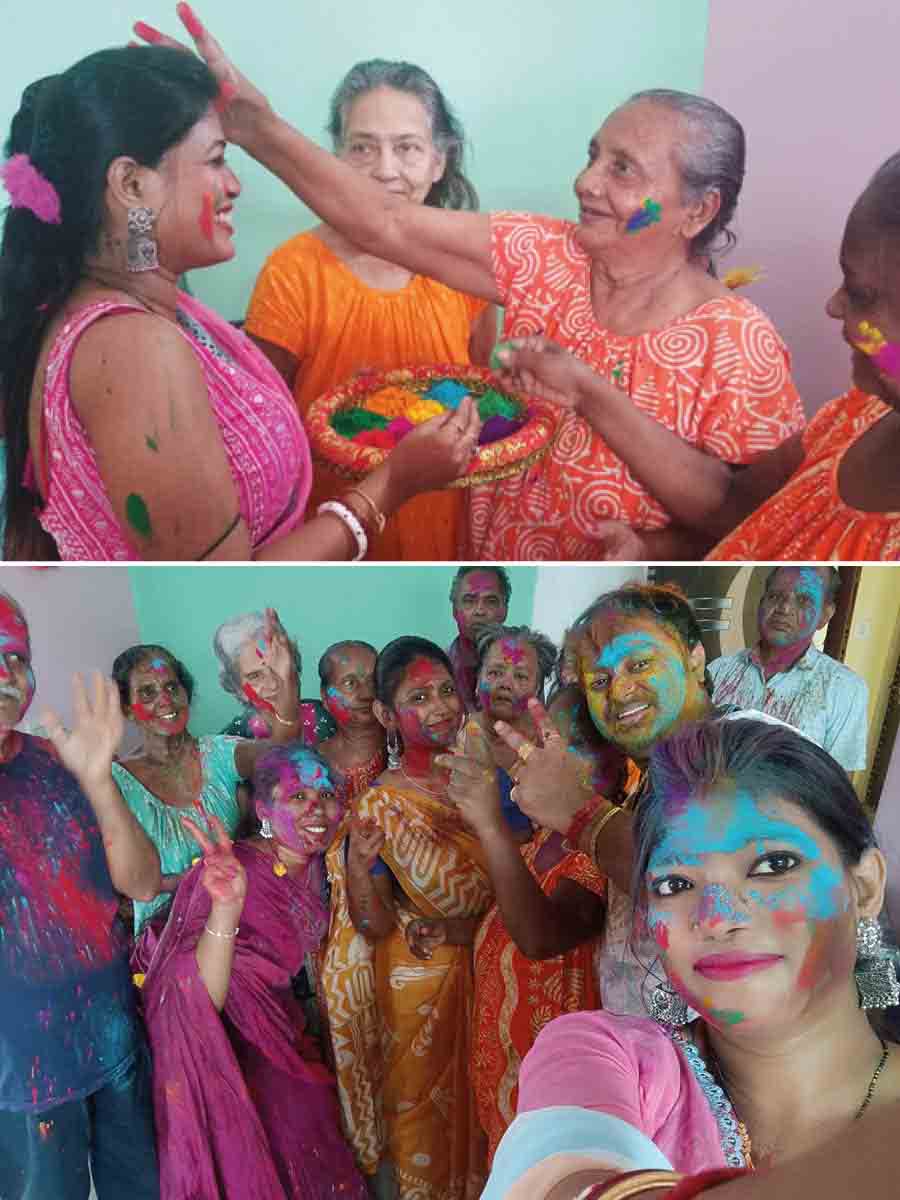 Residents of Anandaashram Old Age Care and Hospitality spread the colours of love and tradition with young women at their Baranagar facility on the city’s northern fringes