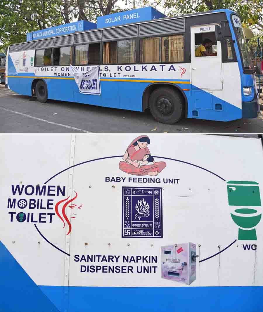Kolkata Municipal Corporation (KMC) launched a Women Mobile Toilet with facilities of baby feeding room and sanitary dispensing unit. It is positioned opposite Grand Hotel Kolkata  