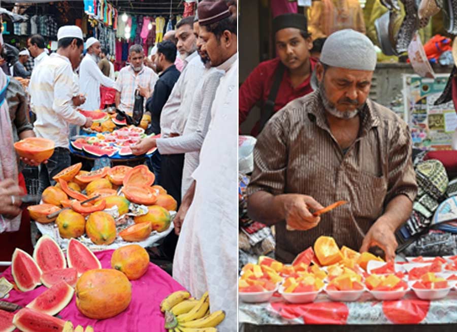 It’s the holy month of Ramzan and Zakaria Street in central Kolkata has been transformed into a veritable paradise for foodies. The food stalls are up and the streets are filled with an array of options. If you are embarking on a food trail in Zakaria Street, then, first and foremost you are greeted by the sight of freshly cut fruits. Boost your energy with a plate full of fruit salad or restore the water level with some watermelons before heading on to spicier items on the menu