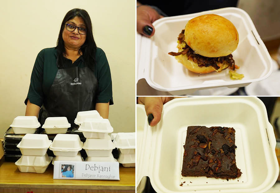 Debjani Chatterjee Alam, of popular cloud kitchen Debjanir Rannaghar, was at the event with three items — a slow-cooked British-style Pork Shoulder Stew with rice, Pulled Pork Sliders and smoky, dense Bacon Brownie 
