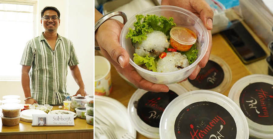 Subhojit Sen, who was one of the top 10 on MasterChef India 8, is an engineer-turned-home chef running the cloud kitchen Harmony Pot. His first dish was Saku Sai Mu, tapioca dumplings with a pork filling served with garlic oil and fresh lettuce. The second item was a Pork Phing Bowl, glass noodles served with prawn chilli sambal, pickled cucumber, spring onion oil and chunks of pork
