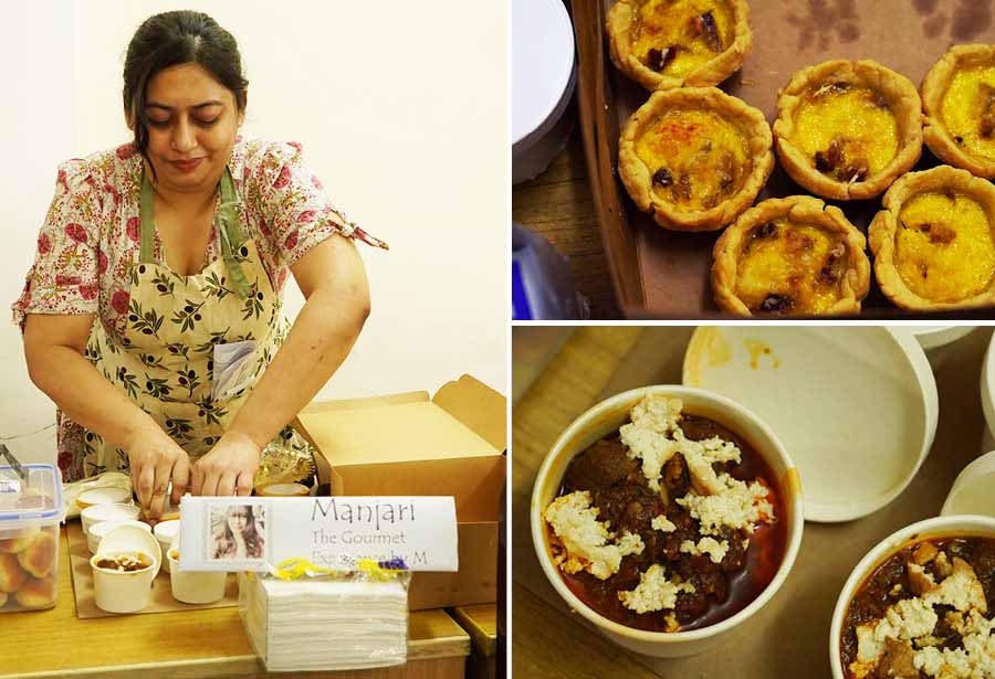 Manjari Chowdhury, who runs the premium cloud kitchen, Gourmet Experience by M, had a Bekri Maze inspired by Greek Drunken Pork which had Bandel Cheese and wine. She also served Mini Quiche Lorraine with pork filling. For dessert, she had a Tart Au Citron and Brown Butter Chocolate Chip cookies