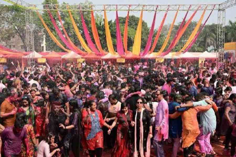 Holi revelry organised by Salt Lake Sanskritik Sansad at the BF Block playground on Sunday