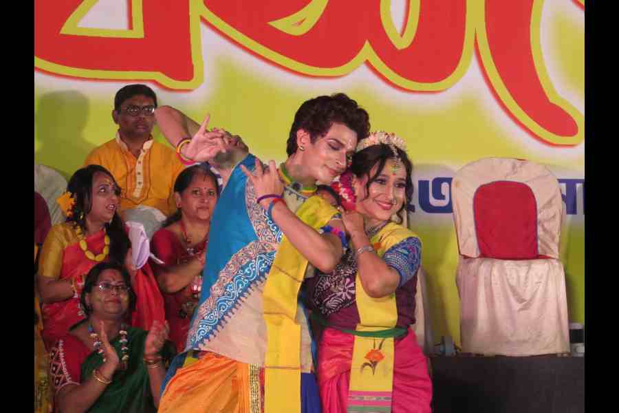 Dancers strike a Radha-Krishna pose in course of a programme at BD Park on Saturday