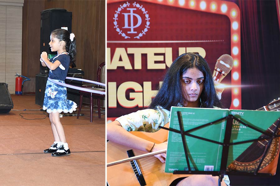 L-R: Vania showing off her skills with the Hula Hoop and Akshita on the classical guitar