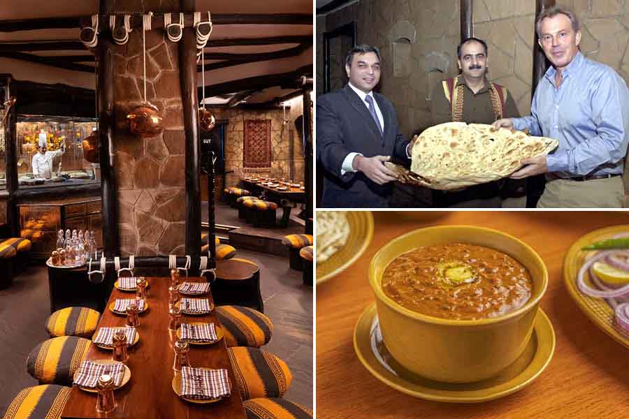 (Clockwise from left) One of the seating areas; British PM Tony Blair with a Naan Bukhara; and the restaurant’s signature Dal Bukhara