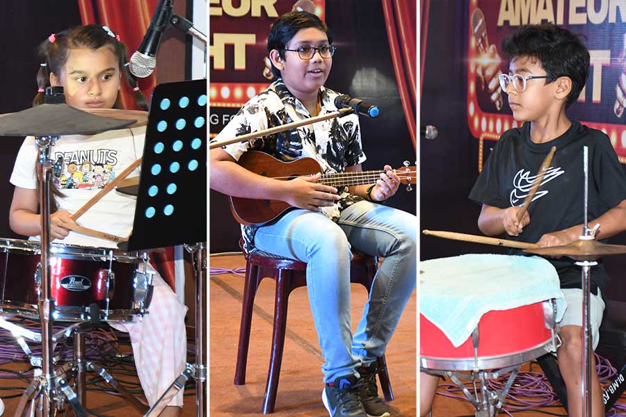 L-R: Kairra on the drums, Ari performing with the ukulele, and Devyansh on the drums