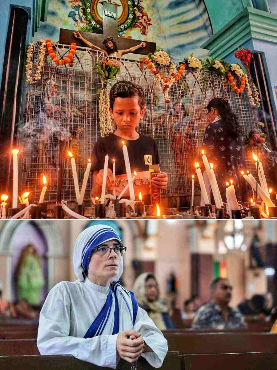 A young devotee and a nun belonging to the Missionaries of Charity pray to the Lord in different ways on Good Friday at Mother House and St Teresa’s Church, respectively