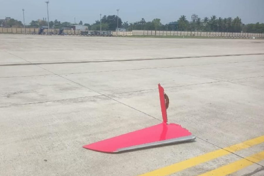 The wingtip that came off the Air India Express plane lying on the tarmac on Wednesday.