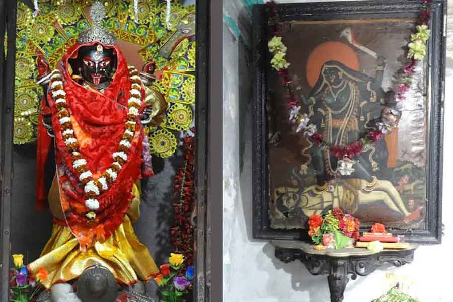 The saree-clad idol of goddess Bhabatarini and (right) the painting of Kali which Tulsiram dreamt of.