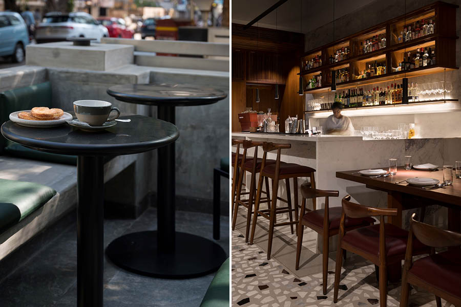 The space transforms from a cosy morning coffee spot to a lively cocktail destination by evening