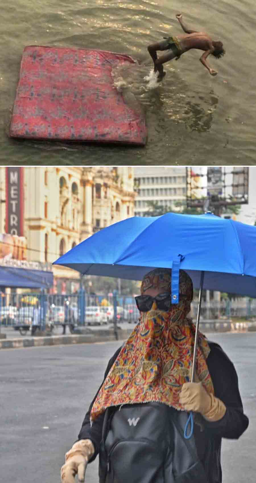 (Top) A quick somersault into the Hooghly seemed the best for this boy to beat the sultry heat in Kolkata on Saturday, while (above) for others like this woman, an umbrella, sunglasses, a scarf and gloves were the safest bet to shield against the scorching sun