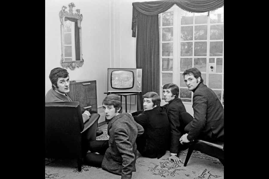 The Moody Blues at the house they shared in South London in 1965. (From left) Ray Thomas, Denny Laine, Graeme Edge, Clint Warwick and Mike Pinder.