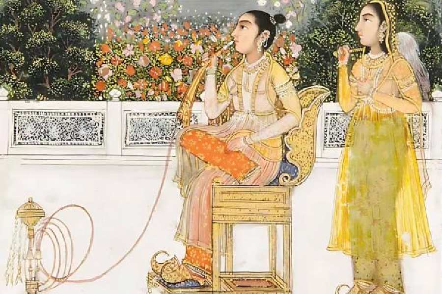 Gulbadan Begum smoking on a terrace, a Mughal miniature circa 1800
