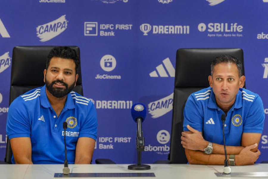 India captain Rohit Sharma and chief selector Ajit Agarkar during a news conference in Mumbai on Thursday