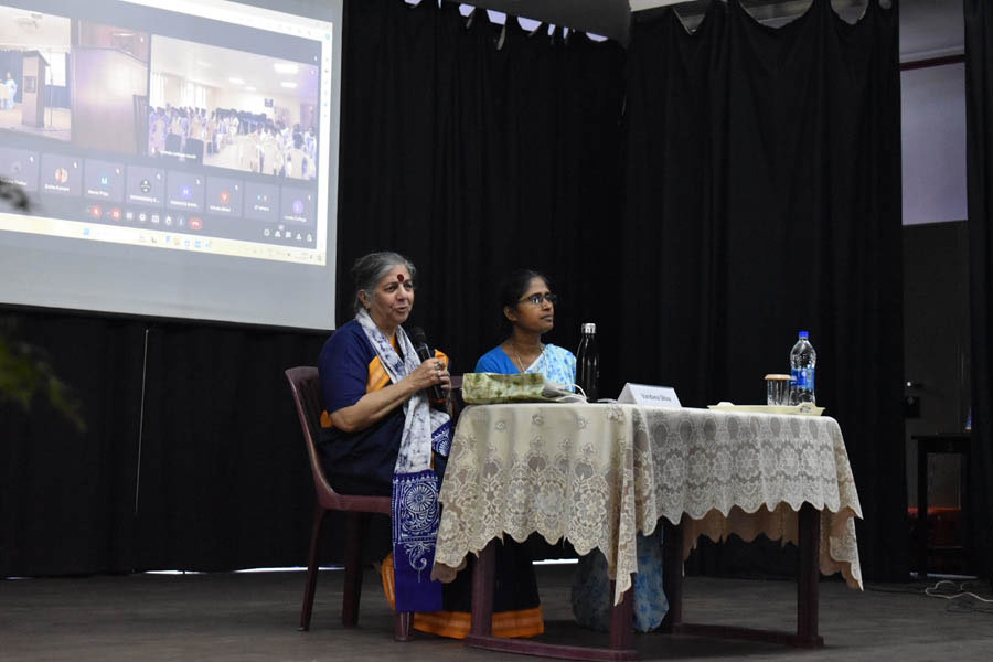 Vandana Shiva (left) on stage at Loreto College alongside Sr. A. Nirmala, the acting teacher-in-charge at Loreto College