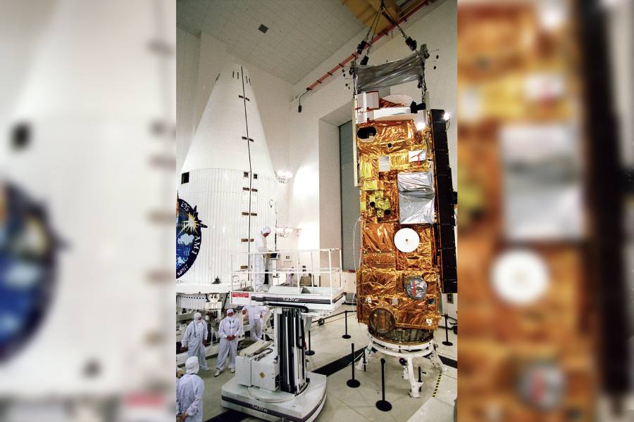 In an image provided by KSC/NASA, the Terra spacecraft in a clean room at Vandenberg Air Force Base, Calif., on Nov. 18, 1999.