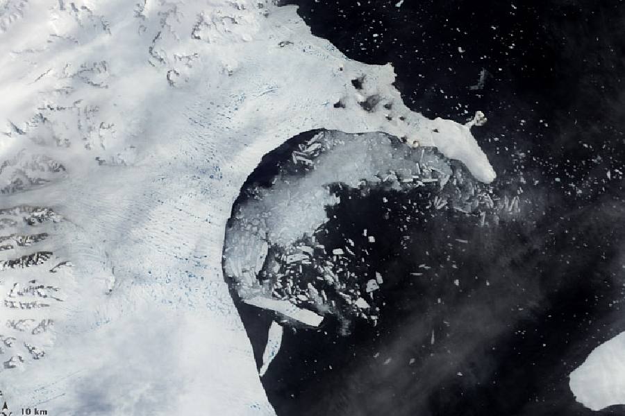 An undated satellite image provided by NASA Earth Observatory and captured by the Terra satellite shows the collapse of the Larsen B Ice Shelf in Antarctica