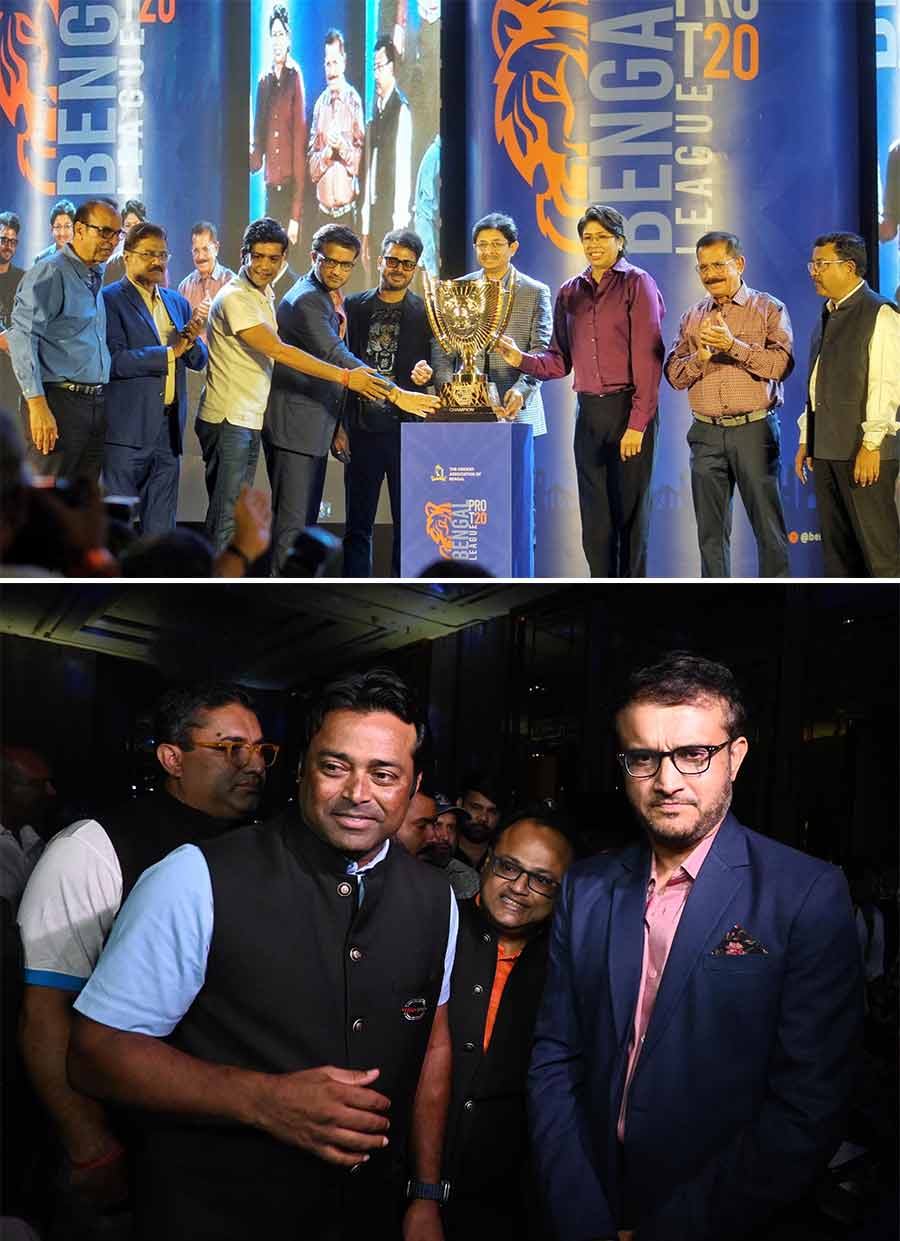 Sourav Ganguly and Jhulan Goswami unveiled the Champions Trophy for the Bengal Pro T20 league on Thursday. Cricket Association of Bengal president Snehasish Ganguly, former cricketers Manoj Tiwari and Lakshmi Ratan Shukla were also present at the launch. Tennis icon Leander Paes was also spotted with Ganguly at the event