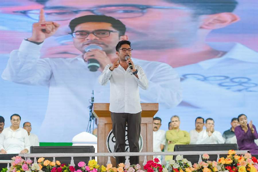 Trinamool Congress national general secretary Abhishek Banerjee speaks at an election rally in Panighata, Nadia district, on Sunday