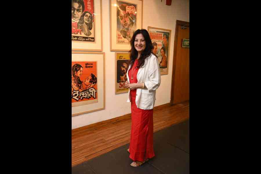 Moon Moon Sen at the opening of an exhibition of posters of her mother Suchitra Sen’s films at ICCR.             Picture: Rashbehari Das