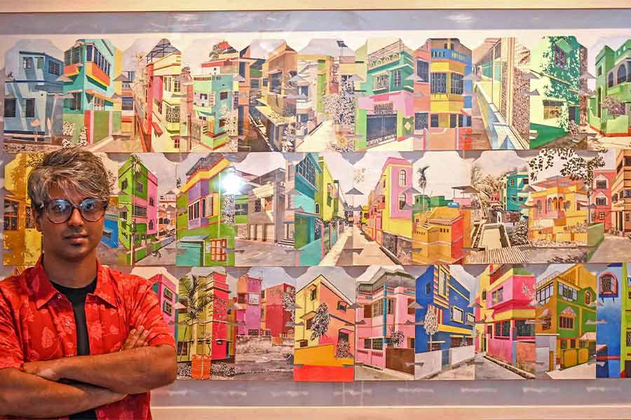 Ankan Bandopadhyay with his work, Sundarban to Sonarpur, gouache on paper,  34 x 72 inches (2023)