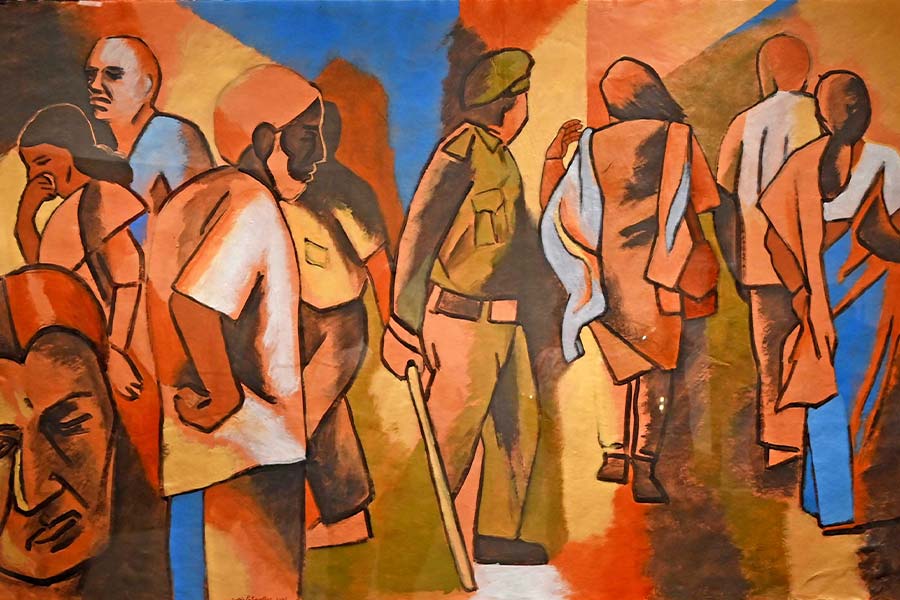 Sudhir Patwardhan’s Pedestrians, acrylic on handmade paper (38 x 66 inches), 2023