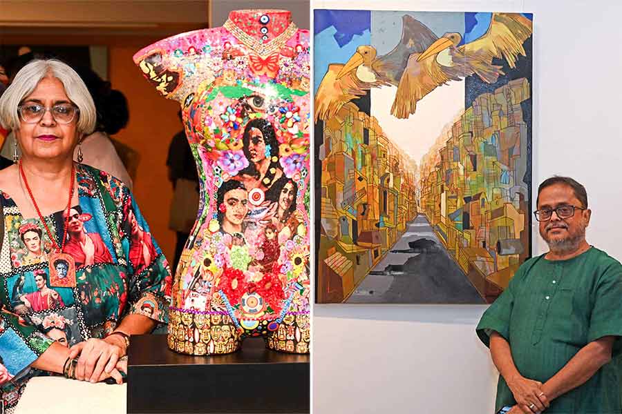 Kanchan Chander with her sculpture, Frida & Amrita 2, mixed media on fibreglass (18 x 24 x 8 inches), 2023 (left); Ashoke Mullick with his work, Petrified City, acrylic on canvas (40 x 30 inches), 2018 (right)