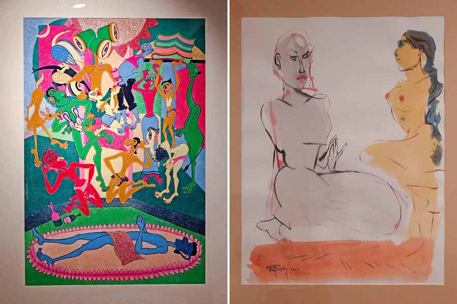 Goutam Pramanick’s Ragging is Not Good for Friendship, tempera on paper, (44 x 30 inches), 2021-22 (left); Jatin Das’s The Seer and the Seen, watercolour on paper (28.7 x 21.7 inches), 2005  (right)