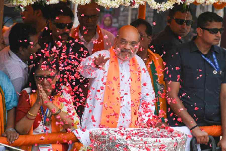 Union home minister Amit Shah at a road show in Krishnanagar on Monday