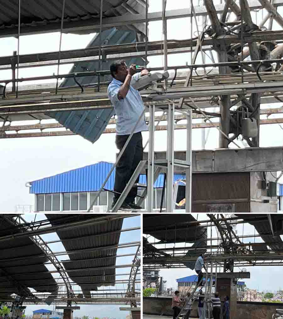 Various portions of the roof of the Kavi Nazrul Metro station was blown away in Monday’s thunderstorm. Metro Railway employees were spotted on Tuesday working towards its restoration