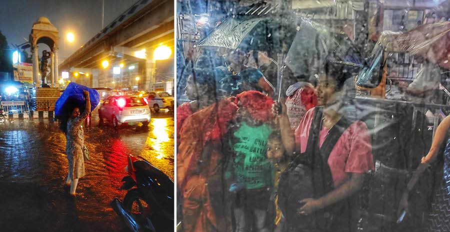 The heavens opened up answering the fervent prayers of many Kolkatans but the ones caught on the road waiting for transport grinned and took the inconvenience in their stride 