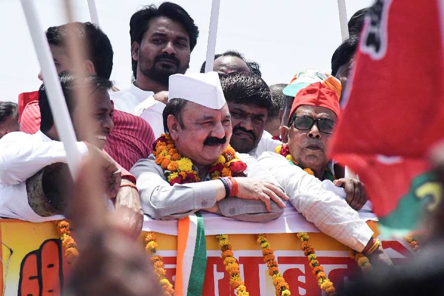 Congress candidate from Amethi constituency Kishori Lal Sharma with other leaders of the INDIA alliance during a roadshow before filing his nomination, ahead of the third phase of Lok Sabha elections, in Amethi district, Friday, May 3, 2024.