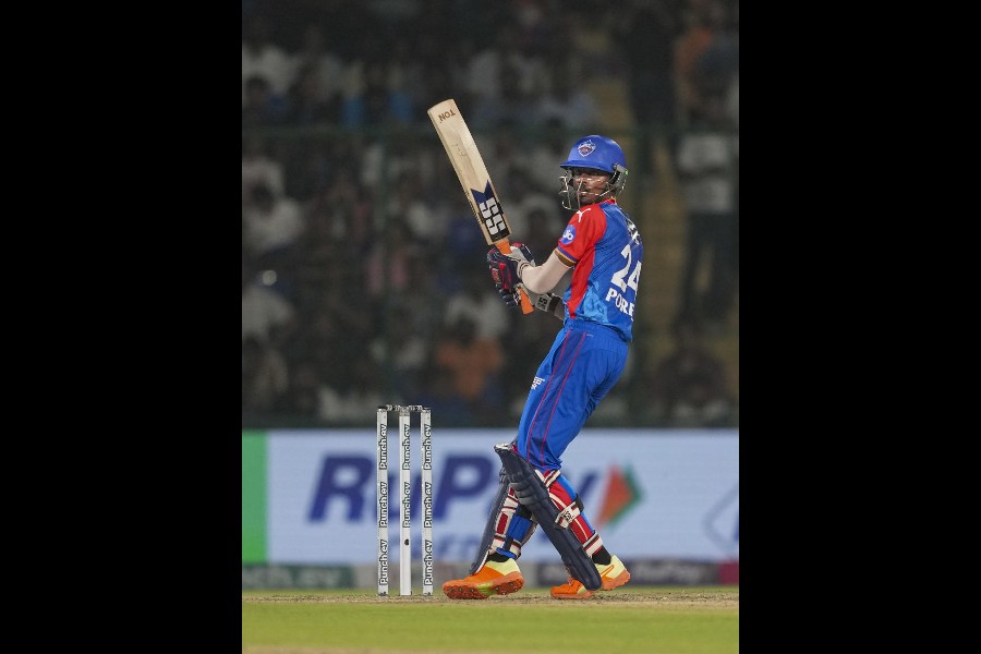 Delhi Capitals opener Abishek Porel during his innings of 65 off 36 balls against Rajasthan Royals in New Delhi on Tuesday. Porel shared a 60-run opening stand with Jake Fraser-McGurk in just over four overs.
