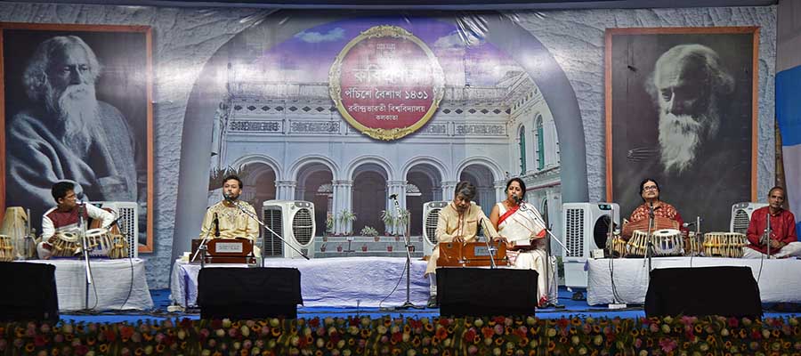 Artistes perform Rabindrasangeet at a programme organised by Rabindra Bharati University authorities