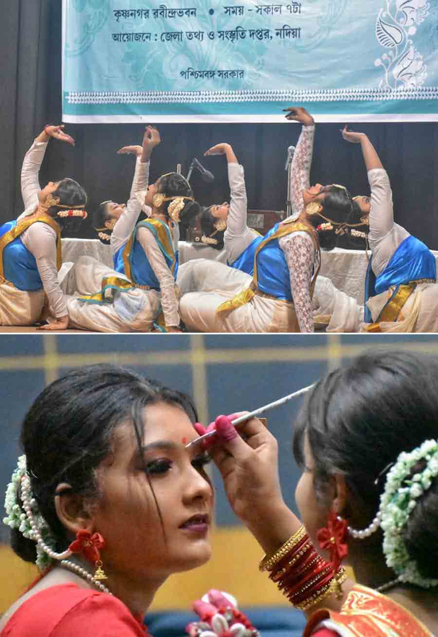 Youngsters at Krishnanagar in Nadia district get ready and perform during the Nobel laureate’s 163rd birth anniversary celebrations 