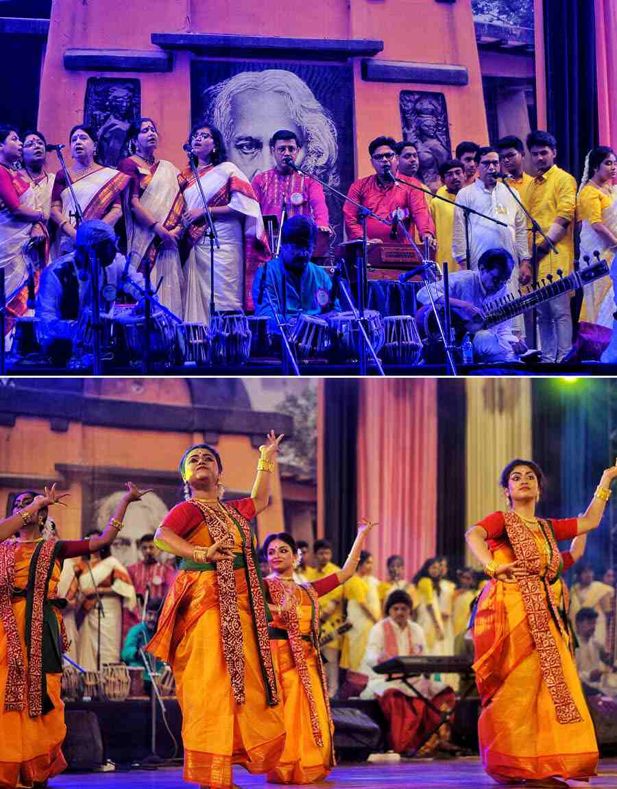Students of Nava Nalanda Group of Schools perform at Nazrul Mancha on Rabindra Jayanti