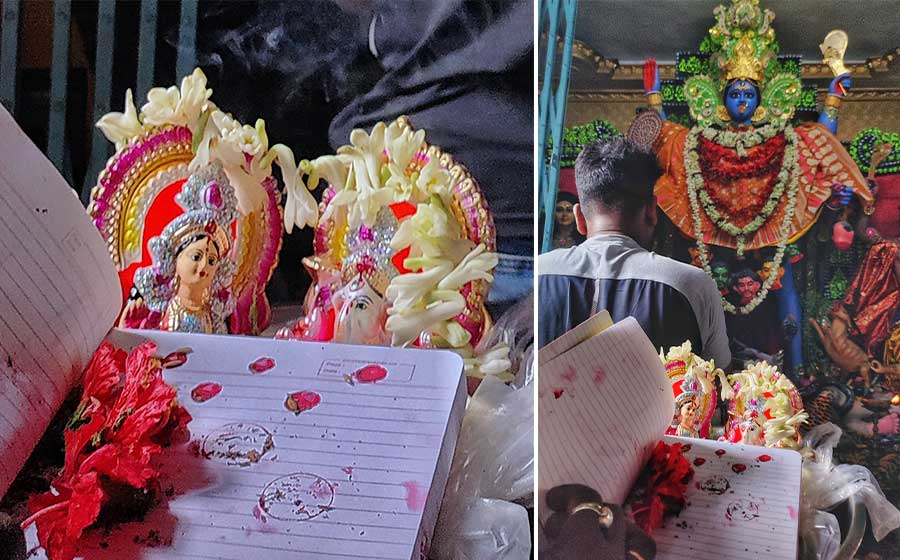 Idols of Lakshmi, Ganesh and Kali being worshipped with new books of accounts on Akshay Tritiya. Also known as Akti or Akha Teej, it is an annual Jain and Hindu spring festival and falls on the third ‘tithi’ of the bright half of the month 