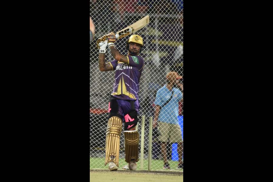 Sunil Narine practises the big hits during Friday’s nets at the Eden. The Kolkata Knight Riders opener has been the key to the team’s rampaging form this season.